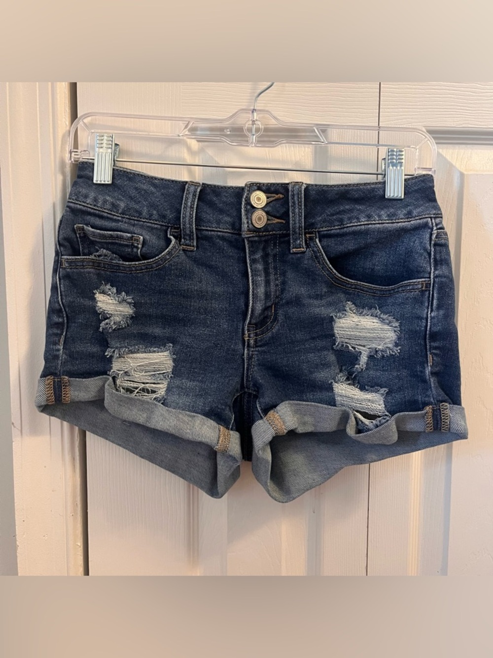 Low Rise Dark Wash Distressed Denim Shorts